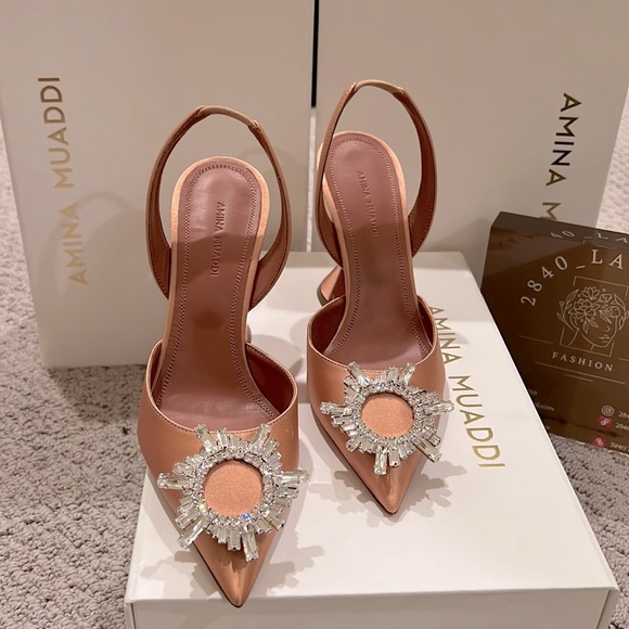 Amina Muaddi Begum slingback in chestnut satin. - Picture 1 of 8